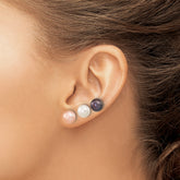 Sterling Silver Rhodium-plated 8-9mm White, Black and Pink Button Freshwater Cultured Pearl Set of 3 Post Earrings